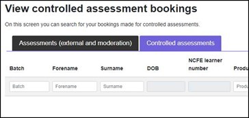 A screenshot showing how to book controlled assessments via the NCFE Portal