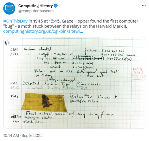 A tweet with an image displaying Grace Hopper's write up on her "bug"